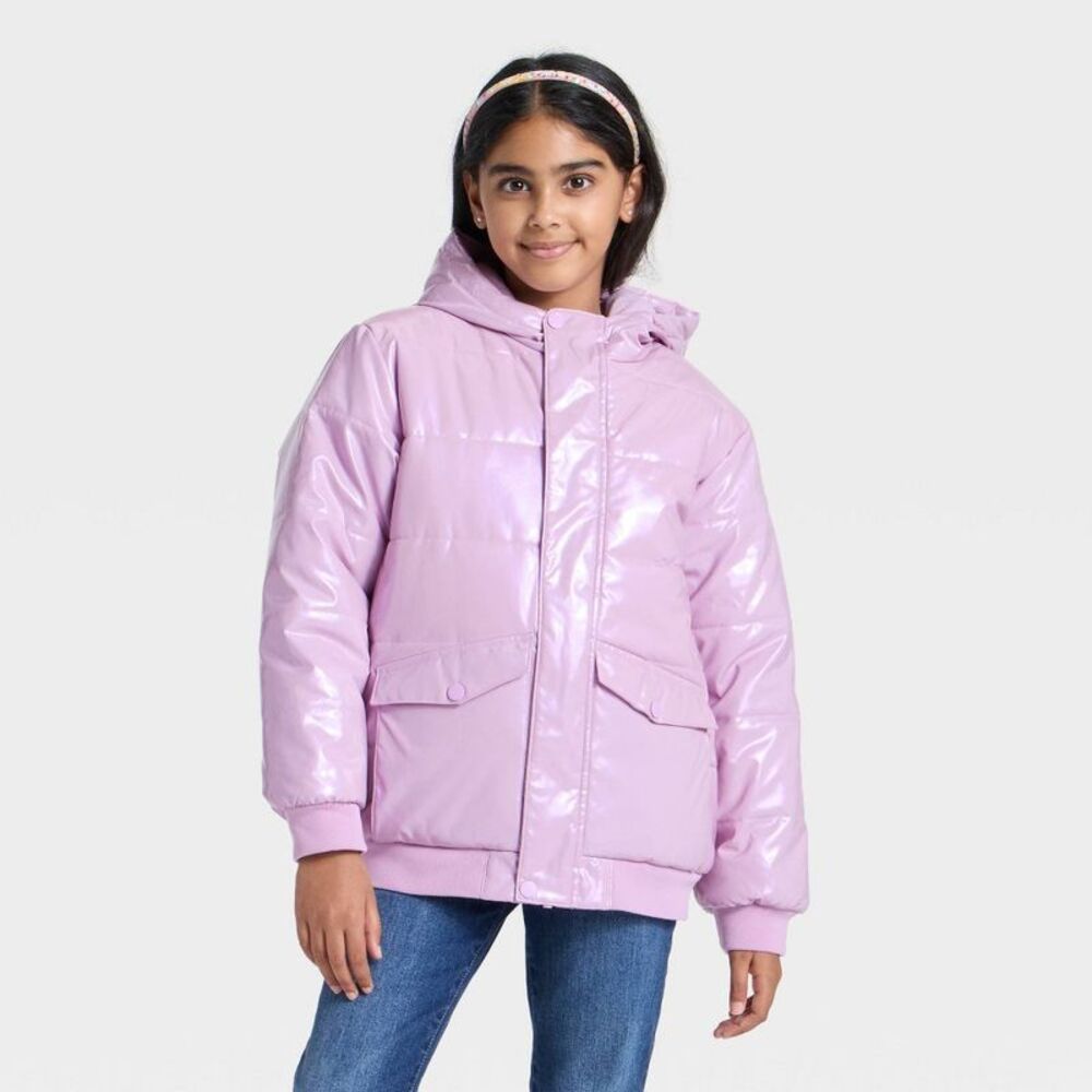 Girls' Hooded Puffer Jacket - Cat & Jack Mauve S